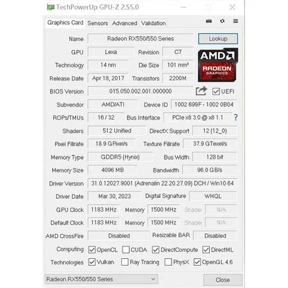 Graphics Card AMD GPU Radeon RX 550 4G GDDR5 128Bit