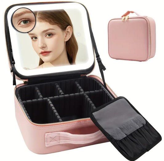 Travel Makeup Bag with LED Lighted Make up Case with Mirror